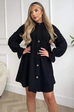 Black Long Sleeve Gathered Detail Button Front Dress
