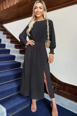 Black Long Sleeve Shirred Detail Midi Dress