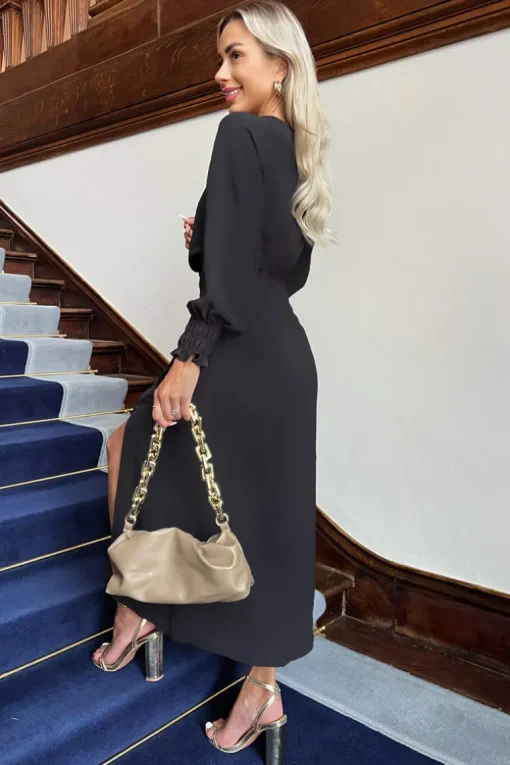 Black Long Sleeve Shirred Detail Midi Dress