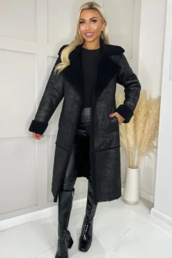 Black Longline Faux Shearling Coat