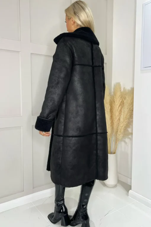 Black Longline Faux Shearling Coat