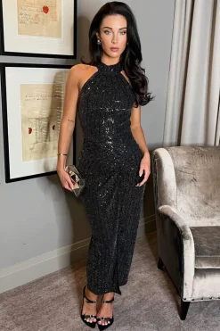 Black Metallic Sequin Halter Neck Knot Skirt Midi Dress