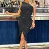 Black Metallic Sparkle and Sequin One Shoulder Draped Wrap Skirt Midi Dress