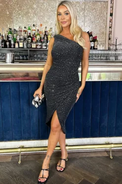 Black Metallic Sparkle and Sequin One Shoulder Draped Wrap Skirt Midi Dress