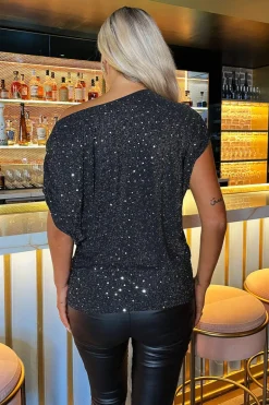Black Metallic Sparkle and Sequin Asymmetric Draped Top