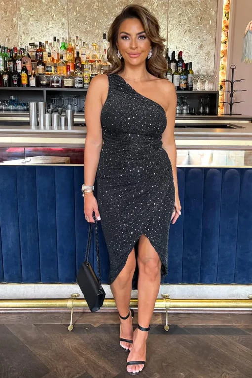 Black Metallic Sparkle and Sequin One Shoulder Draped Wrap Skirt Midi Dress