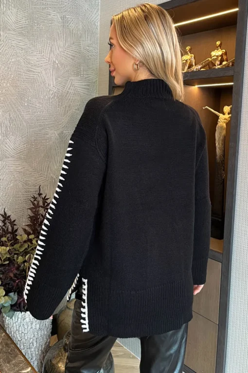 Black Mock Neck Blanket Stitch Detail Knit Jumper