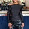 Black Off The Shoulder Long Sleeves Ruched Waist Top
