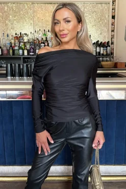 Black Off The Shoulder Long Sleeves Ruched Waist Top
