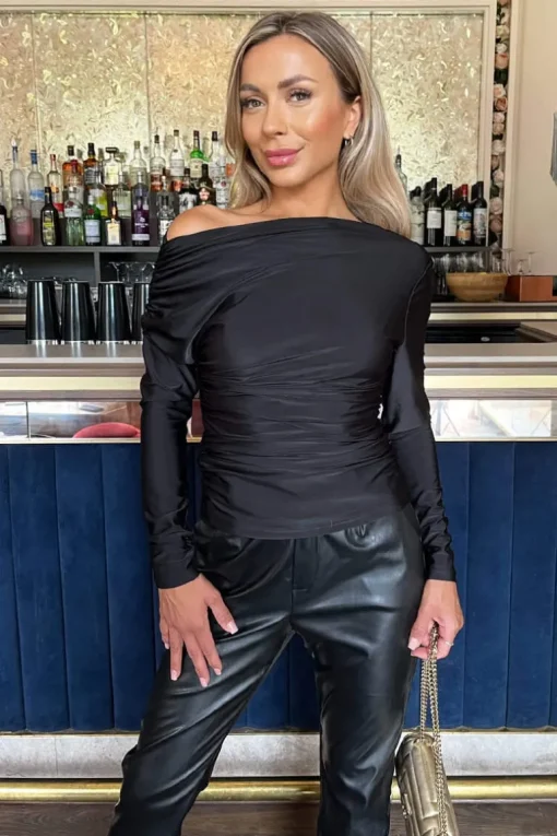 Black Off The Shoulder Long Sleeves Ruched Waist Top