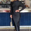 Black Off The Shoulder Long Sleeved Draped Midi Dress