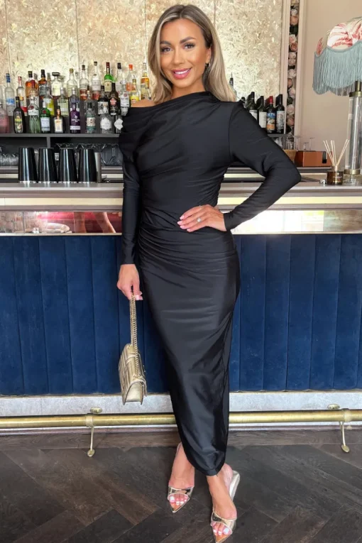 Black Off The Shoulder Long Sleeved Draped Midi Dress