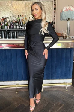 Black Off The Shoulder Long Sleeved Draped Midi Dress
