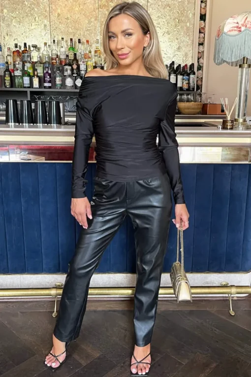 Black Off The Shoulder Long Sleeves Ruched Waist Top