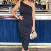 Black One Shoulder Asymmetric Hem Ruched Midi Dress