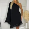 Black One Shoulder Batwing Sleeve Faux Feather Hem Dress