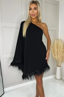 Black One Shoulder Batwing Sleeve Faux Feather Hem Dress