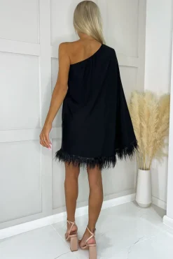 Black One Shoulder Batwing Sleeve Faux Feather Hem Dress
