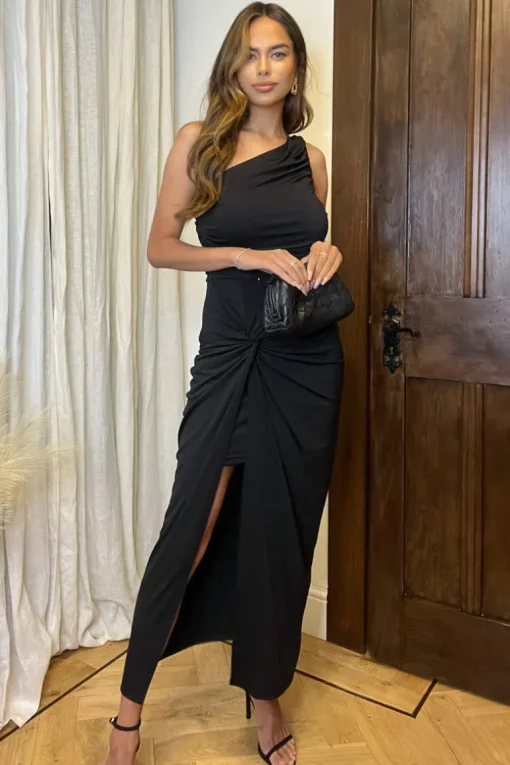 Black One Shoulder Knot Skirt Midi Dress