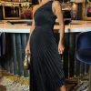 Black One Shoulder Pleated Satin Midi Dress