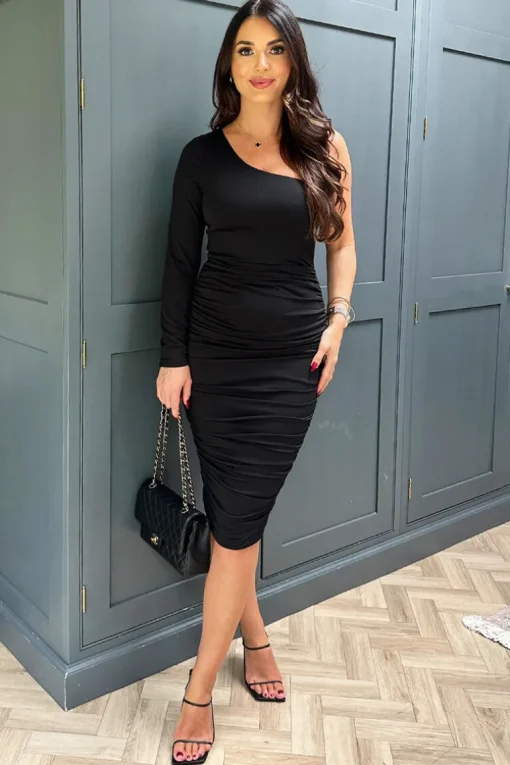 Black One Sleeve Ruched Bodycon Midi Dress