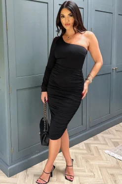 Black One Sleeve Ruched Bodycon Midi Dress