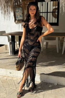 Black Open Knit Crochet Fringe Hem Midi Dress