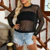 Black Open Stitch Crochet Long Sleeve Top