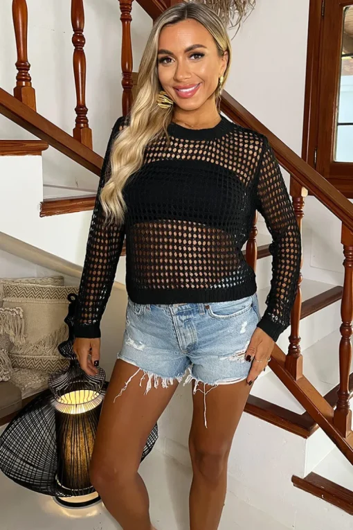 Black Open Stitch Crochet Long Sleeve Top