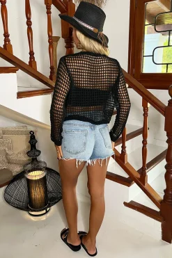 Black Open Stitch Crochet Long Sleeve Top