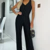 Black Pinstripe Waistcoat Detail Wide Leg Jumpsuit