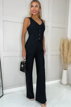 Black Pinstripe Waistcoat Detail Wide Leg Jumpsuit