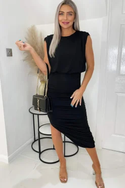 Black Pleated Shoulder Sleeveless Bodycon Dress