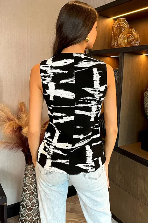 Black Printed Button Front Waistcoat
