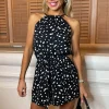 Black Printed Halter Neck Tie Waist Playsuit