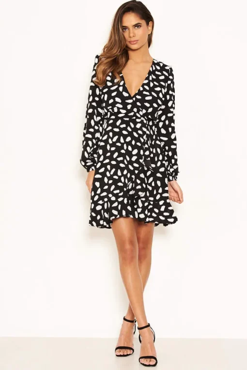 Black Printed Long Sleeved Wrap Dress