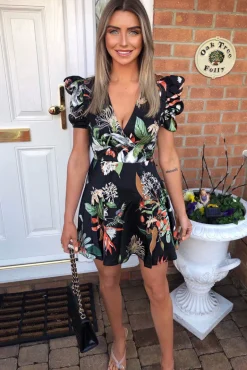 Black Printed Skater Dress with Puff Sleeve