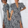 Black Printed Split Leg Midi Dress