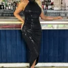 Black Rectangular Sequin Halter Neck Draped Wrap Skirt Midi Dress