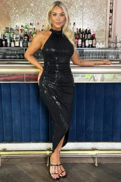 Black Rectangular Sequin Halter Neck Draped Wrap Skirt Midi Dress