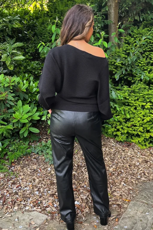 Black Ribbed Knit Off The Shoulder Batwing Sleeve Jumper