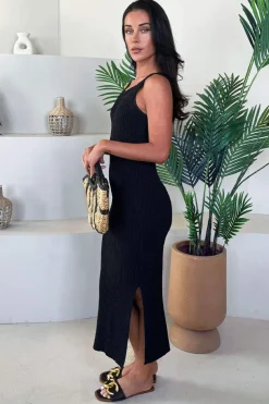 Black Ribbed Knit Round Neck Midi Dress