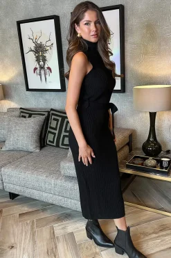 Black Roll Neck Sleeveless Belted Knit Midi Dress