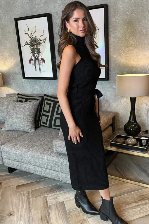 Black Roll Neck Sleeveless Belted Knit Midi Dress