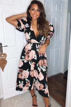 Black Rose Printed Wrap Midi Dress