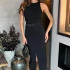 Black Round Neck Belted Bodycon Cargo Midi Dress