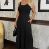Black Round Neck Ribbed Top Tiered Skirt Midi Dress