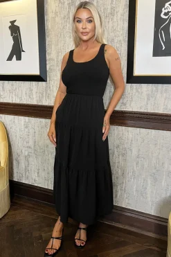 Black Round Neck Ribbed Top Tiered Skirt Midi Dress