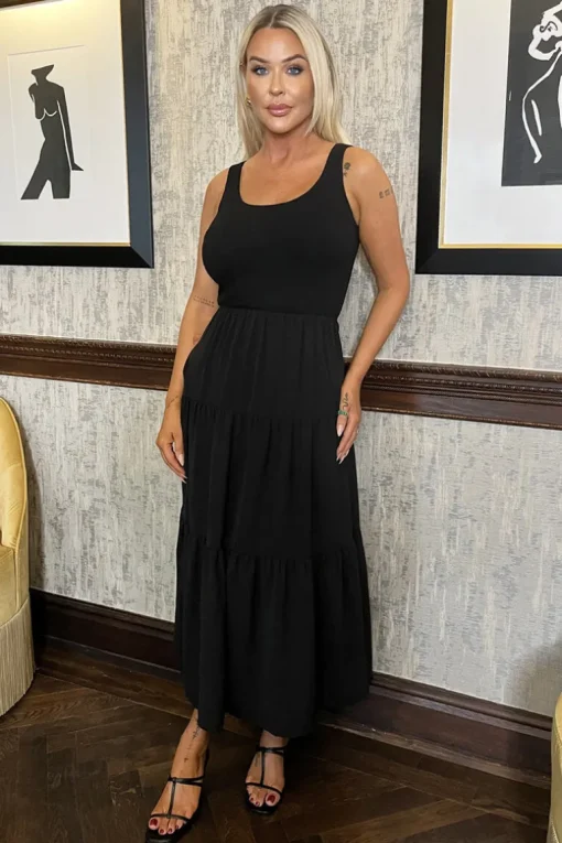 Black Round Neck Ribbed Top Tiered Skirt Midi Dress