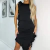 Black Ruched Asymmetrical Frill Midi Dress With Flower Detail